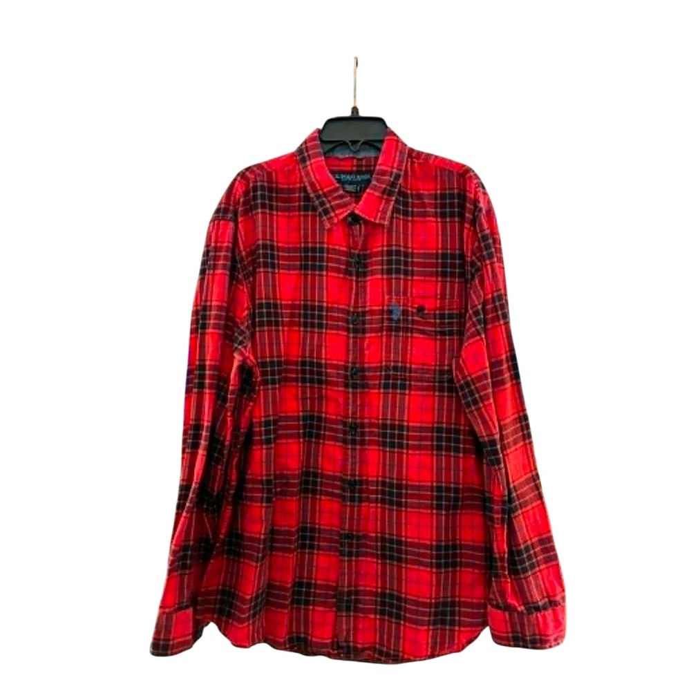 US Polo Assn Flannel Shirt Mens L Red Black Plaid Long Sleeve Grunge Outdoors